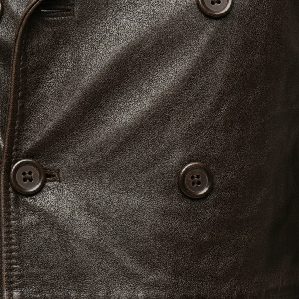 close-up-leather - Men's Pea Coat Leather Jacket, Leather Pea Coat, Leather Outerwear, Men's Leather Jacket