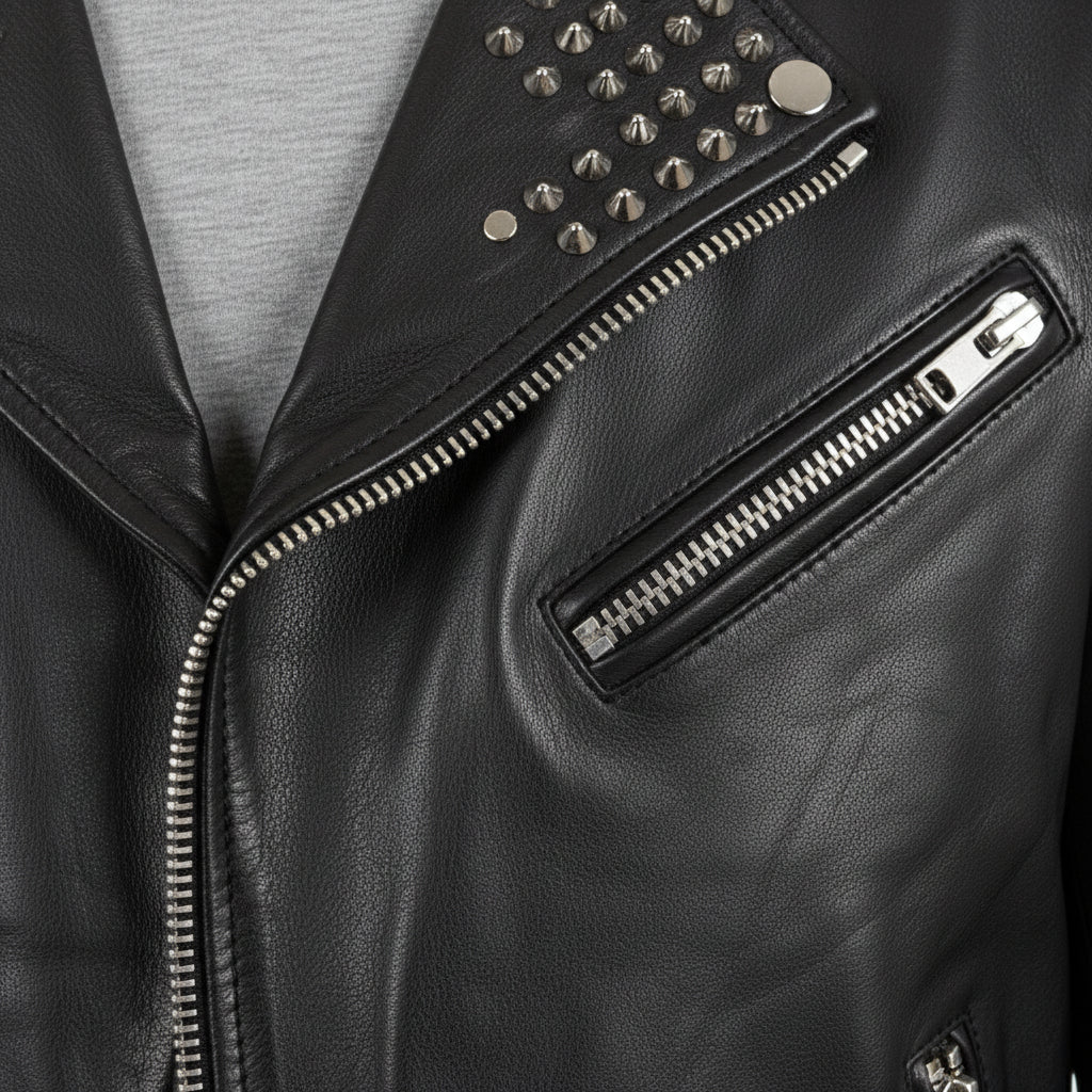 close-up-leather - Men's Punk Rock Black Leather Jacket with Studs