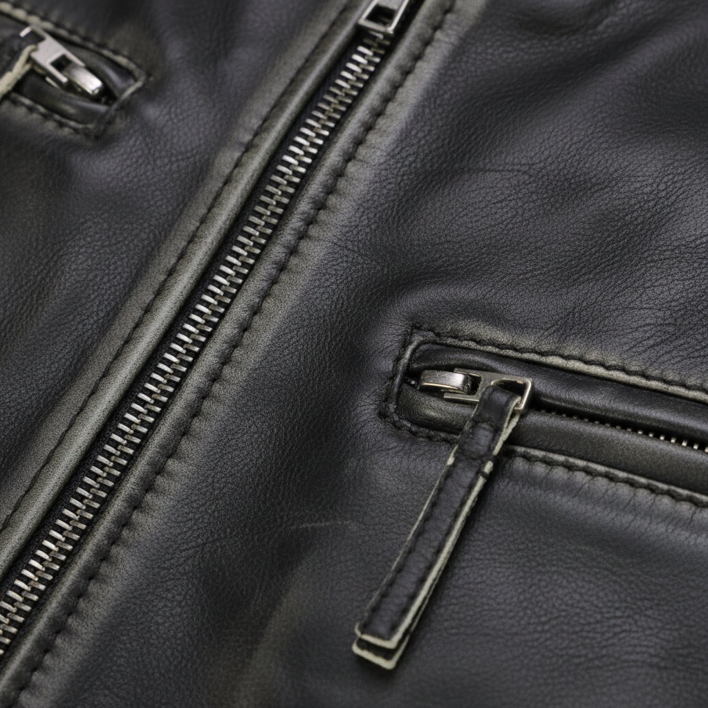 close-up-leather - Mens Real Leather black Retro Vintage Style Biker Jacket, Slim fit jacket