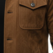 close-up-leather - Men's Safari Jacket, Suede Leather Jacket, Men's Field Jacket, Cognac Brown Suede Jacket