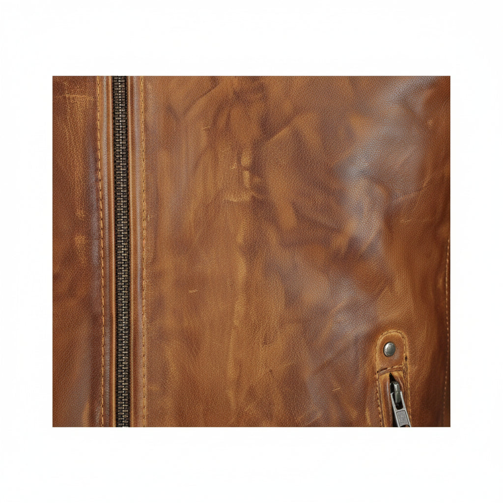 close-up-leather - Men's Slim Fit Antique Washed Brown Leather Biker Jacket, Men's Retro Zip Leather Jacket in Brown