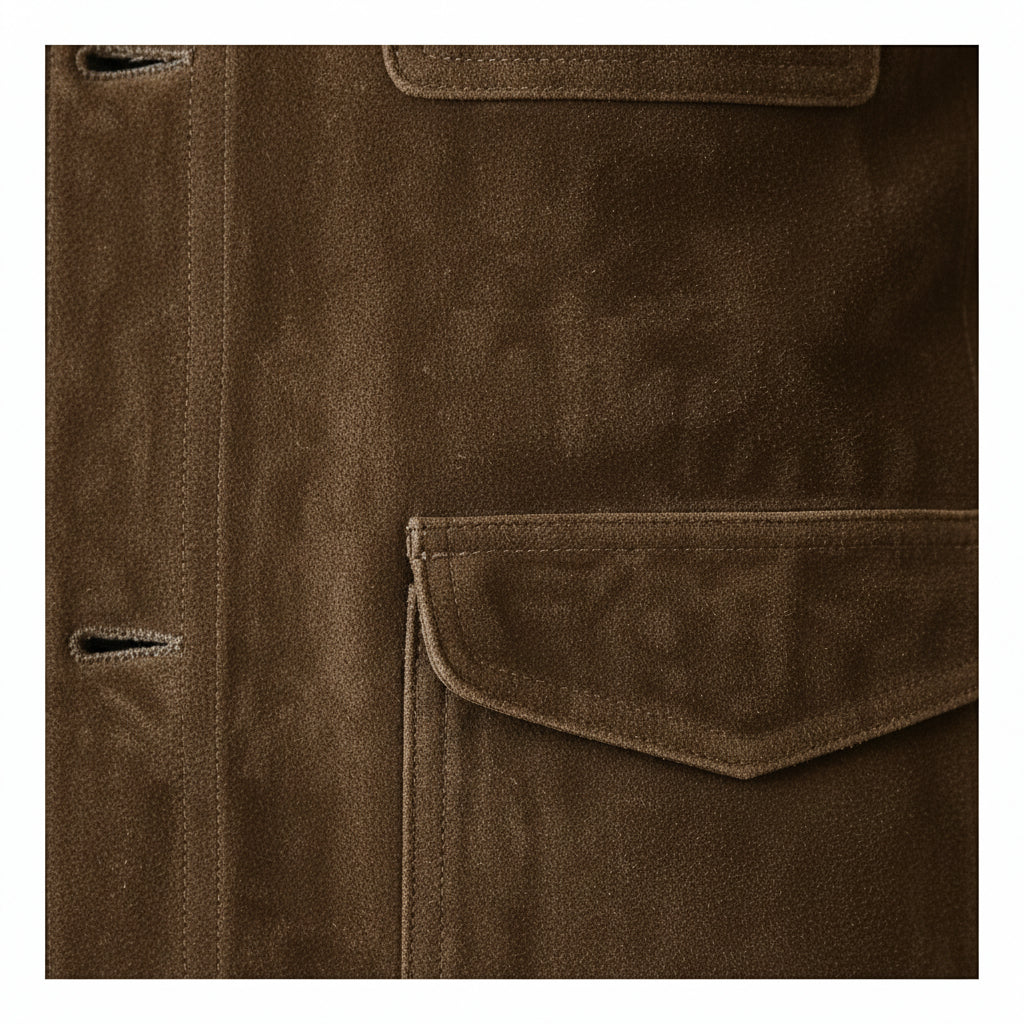 close-up-leather - Men's Suede Jacket, Brown Suede Shirt Jacket, Suede Workwear Jacket, Button-Front Suede Jacket