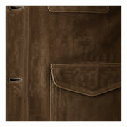 close-up-leather - Men's Suede Jacket, Brown Suede Shirt Jacket, Suede Workwear Jacket, Button-Front Suede Jacket