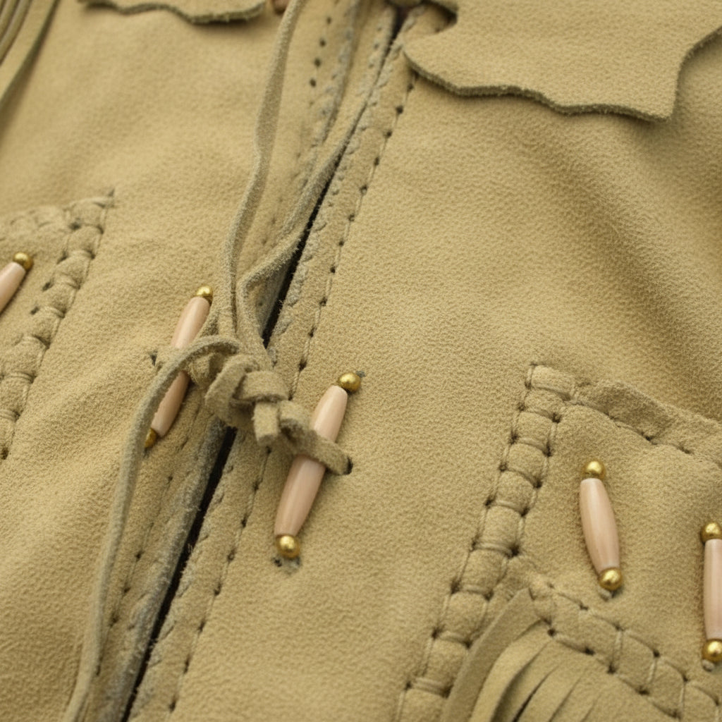 close-up-leather - Mens Suede Leather Jacket Western Wear Cowboy Coat Fringe Bead & Bones Work