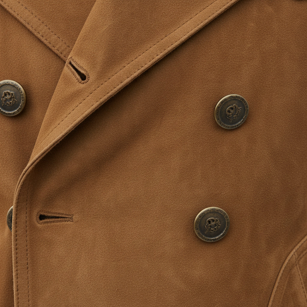close-up-leather - Men's Trench Jacket, Suede Pea Coat, Military Style Jacket, Double-Breasted Leather Coat