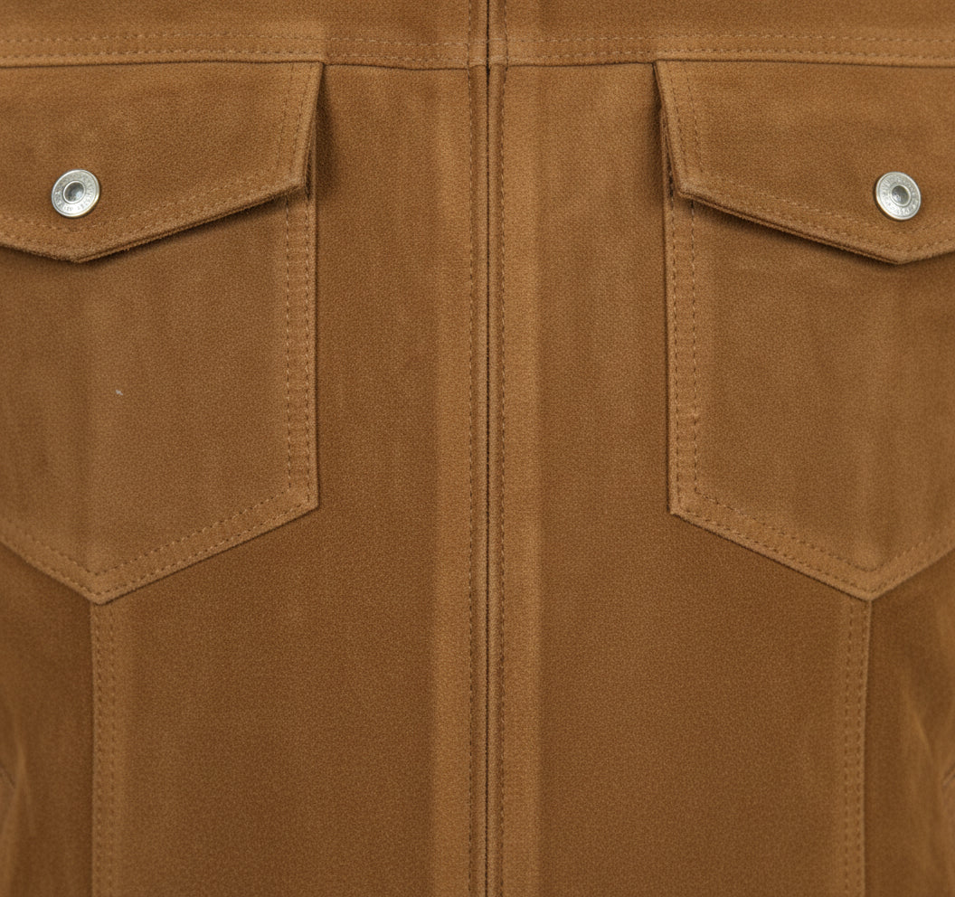 close-up-leather - Men's Trucker Suede Jacket, Suede Jacket for Men, Classic Suede Trucker Jacket, Medium Brown Suede Jacket
