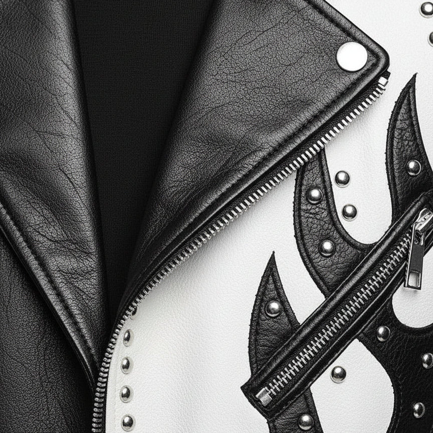 close-up-leather - Men's Two Tone Studded White Leather Biker Jacket