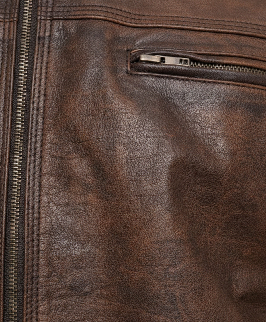 close-up-leather - Men's Vintage Brown Leather Biker Jacket