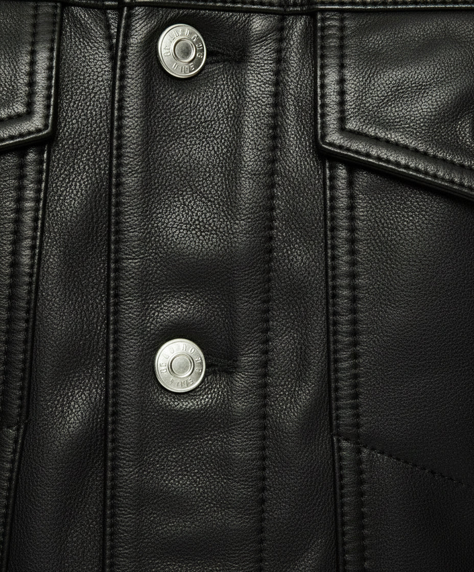 close-up-leather - New Men Black Leather Biker Jackets, Real Leather Button Closure Jackets