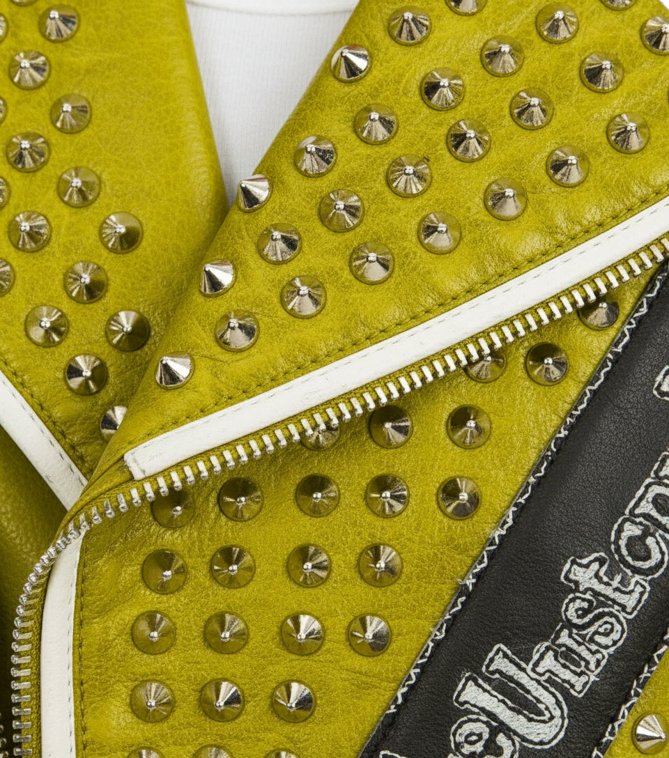 close-up-leather - New Punk green Brando Studded Spikes Rock Moto biker Leather Jacket
