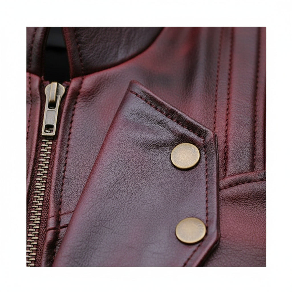 close-up-leather - New Racers Cafe Club WEXED Burgundy Leather Slim Fit Biker Fashion Jacket