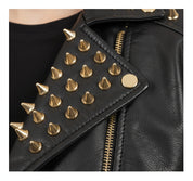 close-up-leather - New Woman Black Full Golden Spiked Studded Brando Style Leather Jacket
