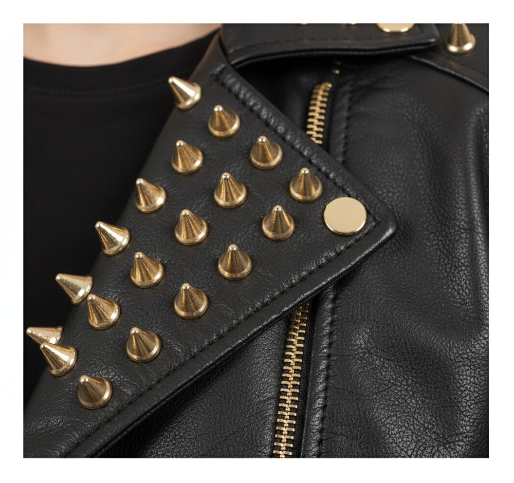 close-up-leather - New Woman Black Full Golden Spiked Studded Brando Style Leather Jacket
