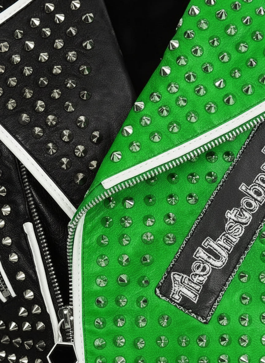 close-up-leather - Punk green Brando Studded Spikes Rock Moto biker Leather Jacket