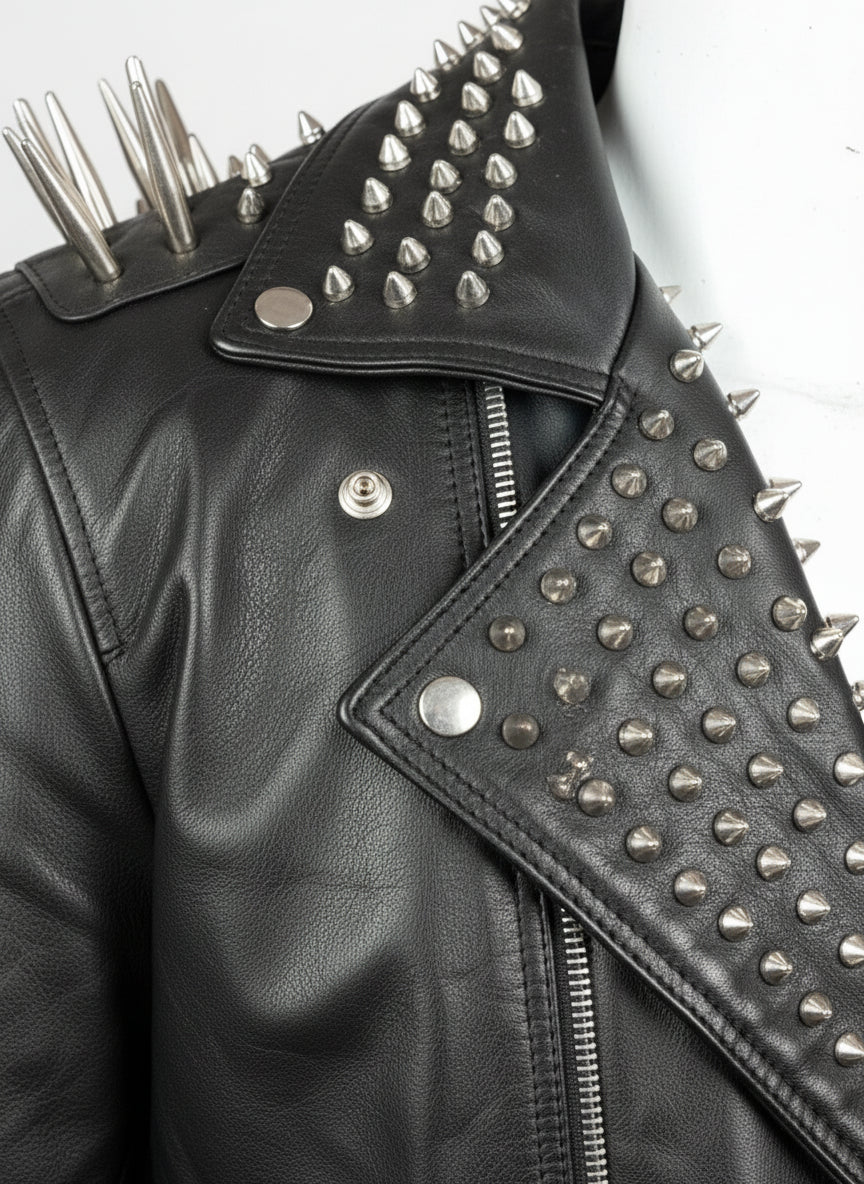 close-up-leather - Punk Men Black Multi Studded With Long Spike Style Biker Jacket