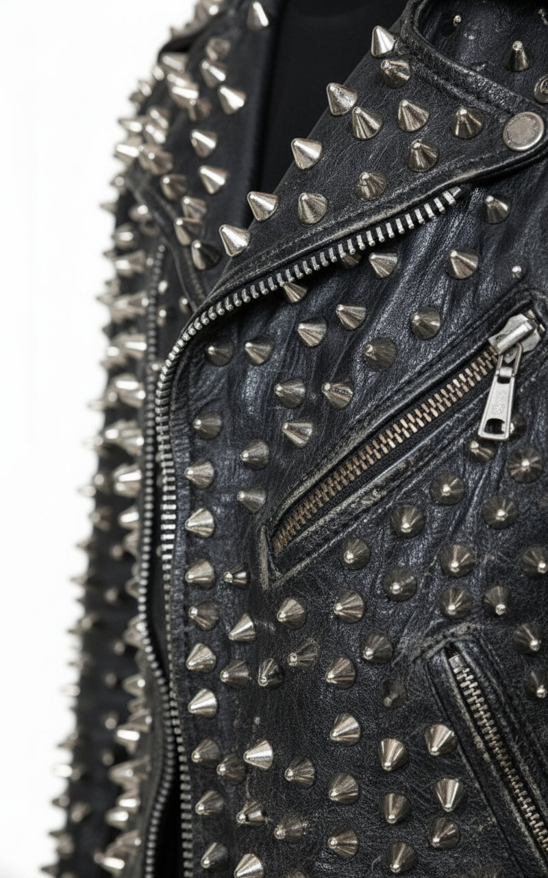 close-up-leather - Punk Men Silver Studded Custom Patches Long Spike Brando Belted Jacket