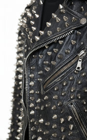 close-up-leather - Punk Men Silver Studded Custom Patches Long Spike Brando Belted Jacket