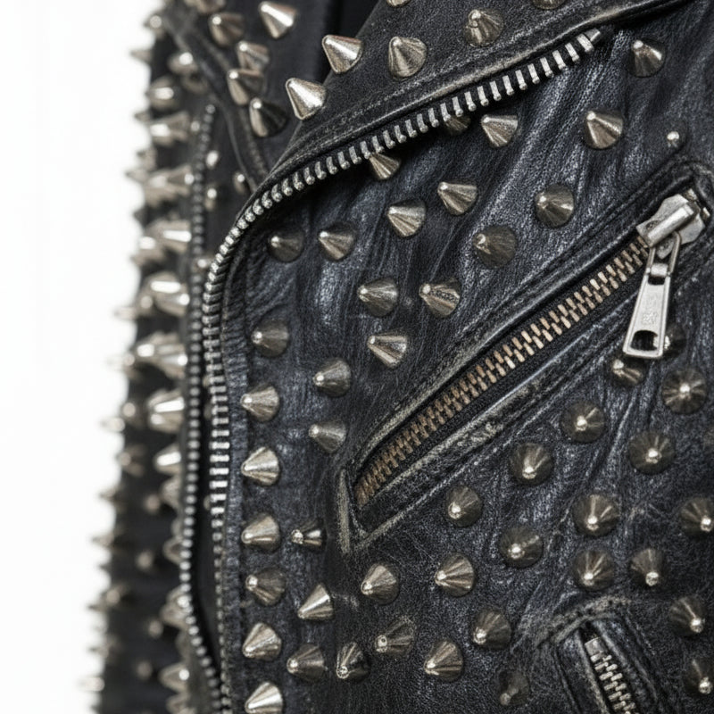 close-up-leather - Punk Men Silver Studded Custom Patches Long Spike Brando Belted Jacket