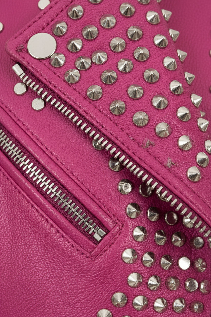 close-up-leather - Punk women Full Long Spiked Studded Brando Pink Leather Jacket