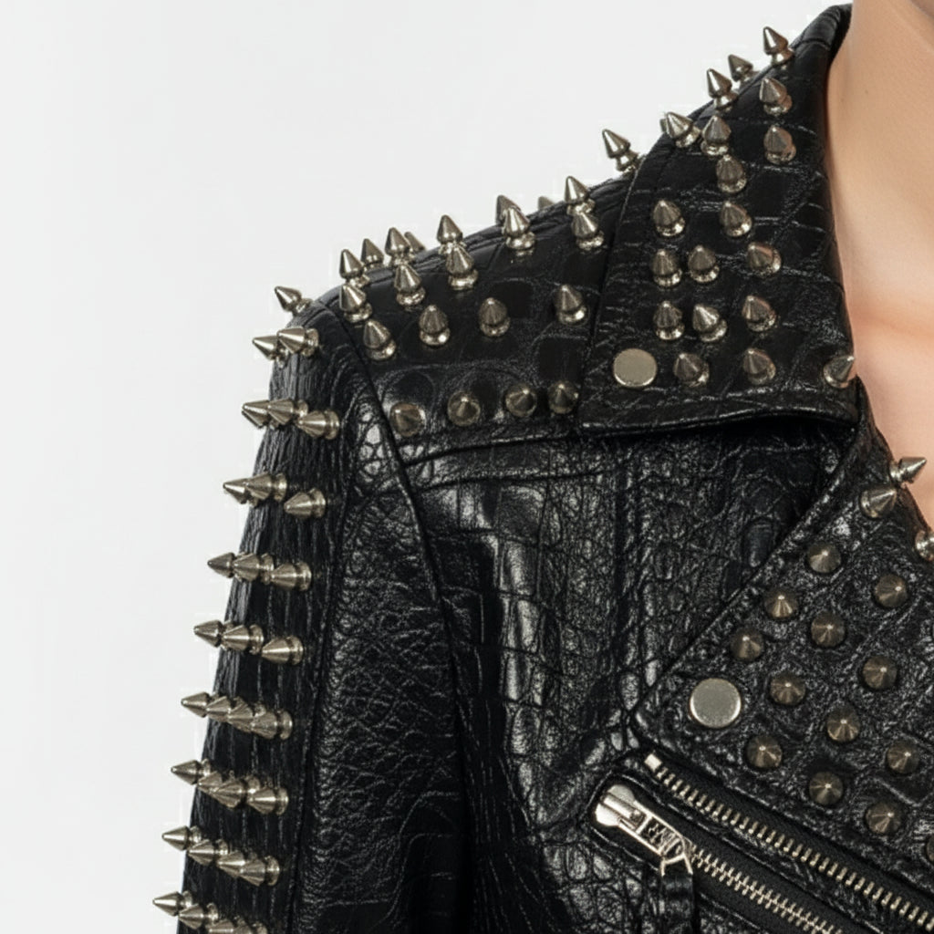 close-up-leather - Women Alligator Textured Leather Studded and Spiked Rock Fashion Jacket