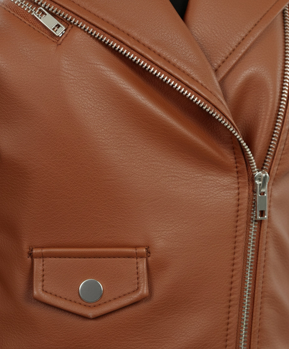 close-up-leather - Women brown leather cropped biker jacket, Cropped Belted Fashion Jacket