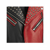 close-up-leather - Women's Black and red spikes Zipper Real Cowhide Motorbike Leather Jacket