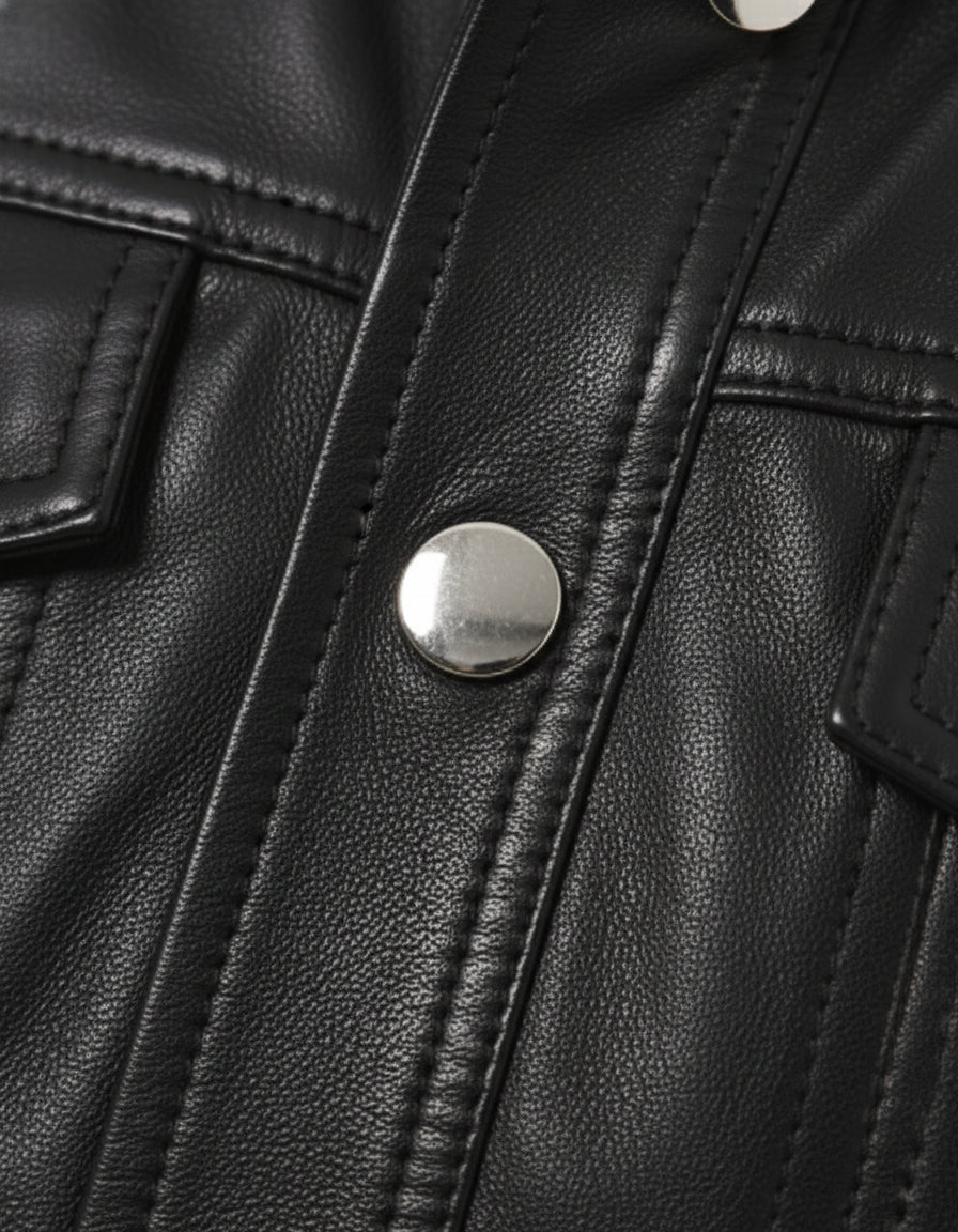 close-up-leather - Women's Cropped Black Leather Jacket with Buttoned Closure