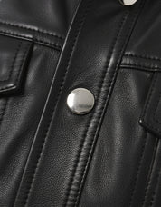 close-up-leather - Women's Cropped Black Leather Jacket with Buttoned Closure