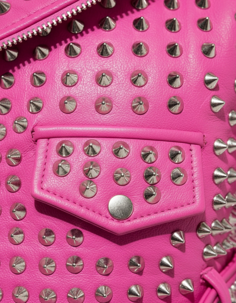 close-up-leather - Women's Hot Pink Studded Leather Moto Jacket