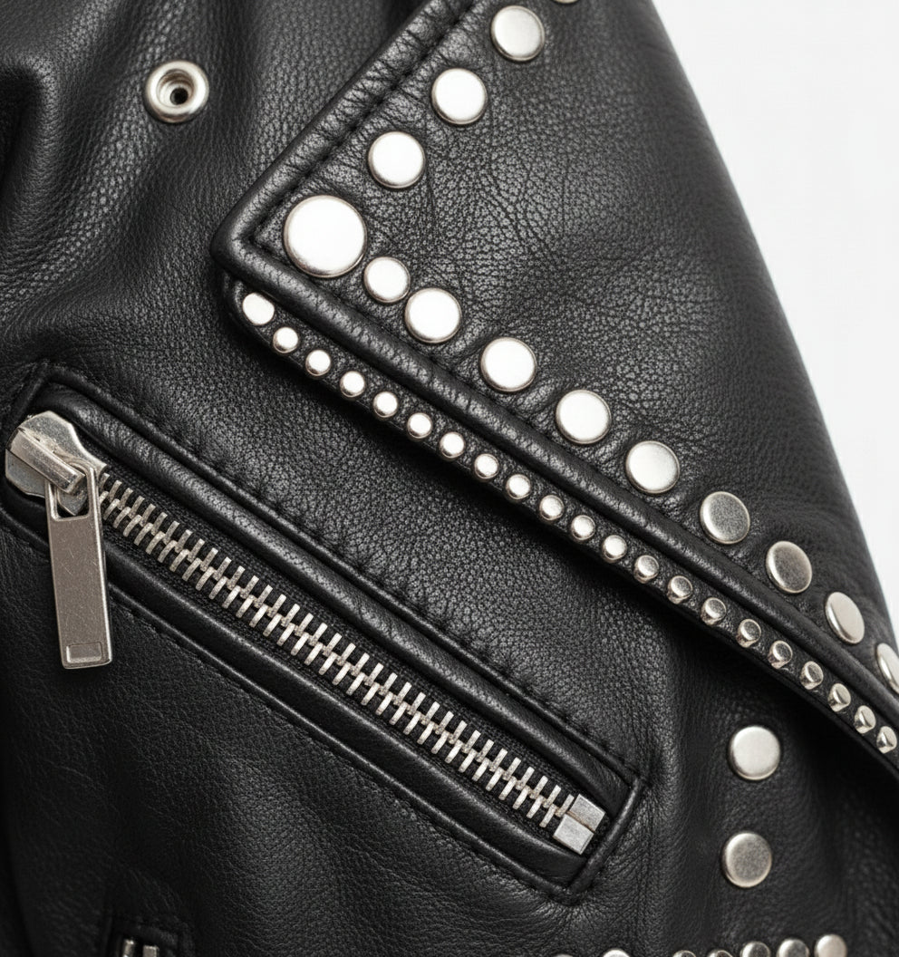 close-up-leather - Women's Stylish Black Leather Jacket with Silver Studs