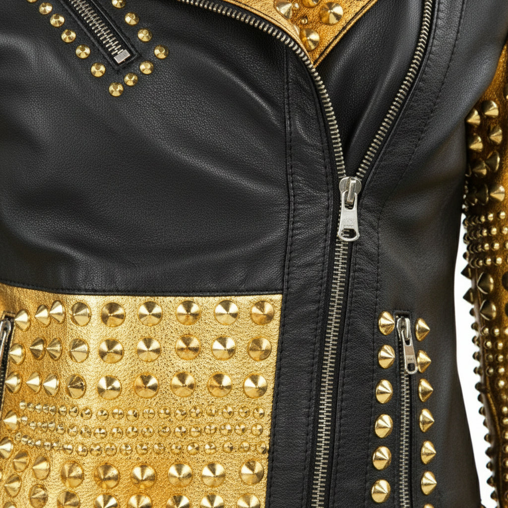 close-up-leather - Women's two tone Punk golden Studded Real Cowhide Motorbike Leather Jacket