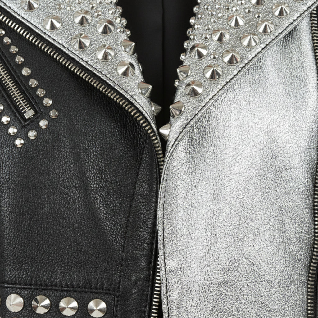 close-up-leather - Women's Two Tone Punk Studded Leather Motorbike Jacket