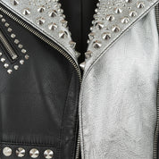 close-up-leather - Women's Two Tone Punk Studded Leather Motorbike Jacket