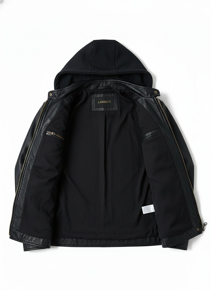 close-up-lining - Biker Motorcycle Winter Hooded Leather Jacket, Men Hooded Jacket