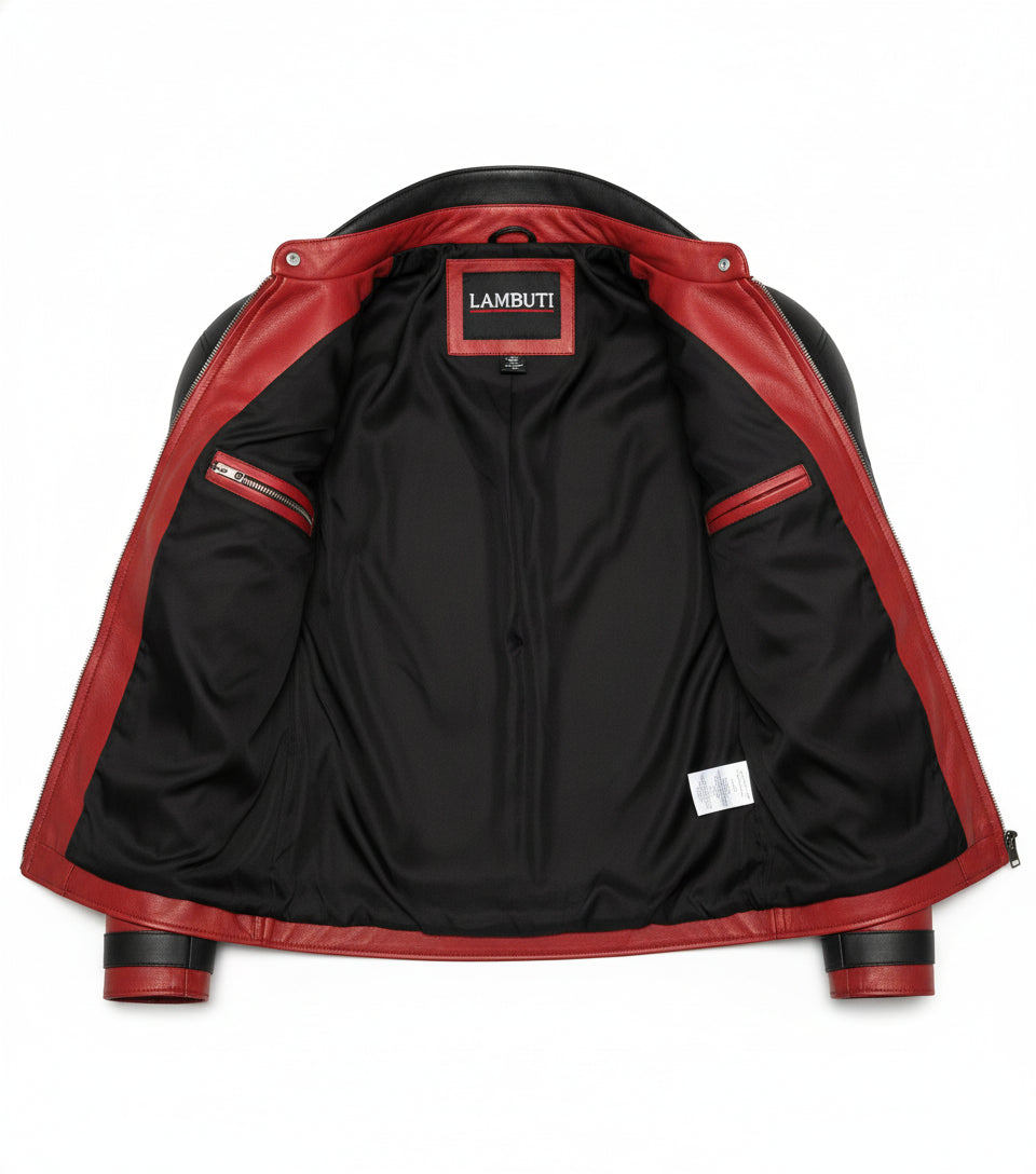 close-up-lining - Black and Red Leather Jacket for Bikers/ Racers, Leather Biker Jacket
