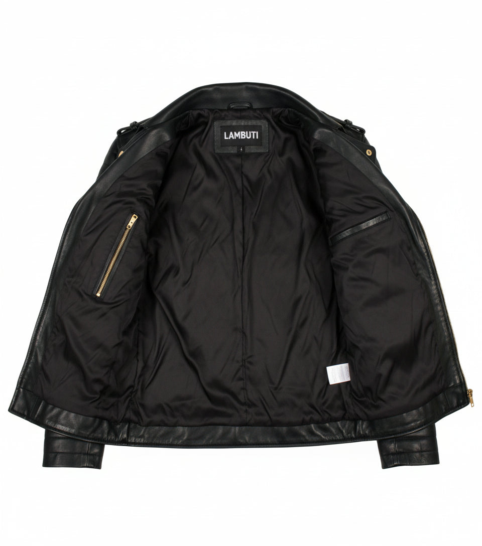 close-up-lining - Black Biker Leather Jacket For Mens, Mens Fashion Leather Jacket