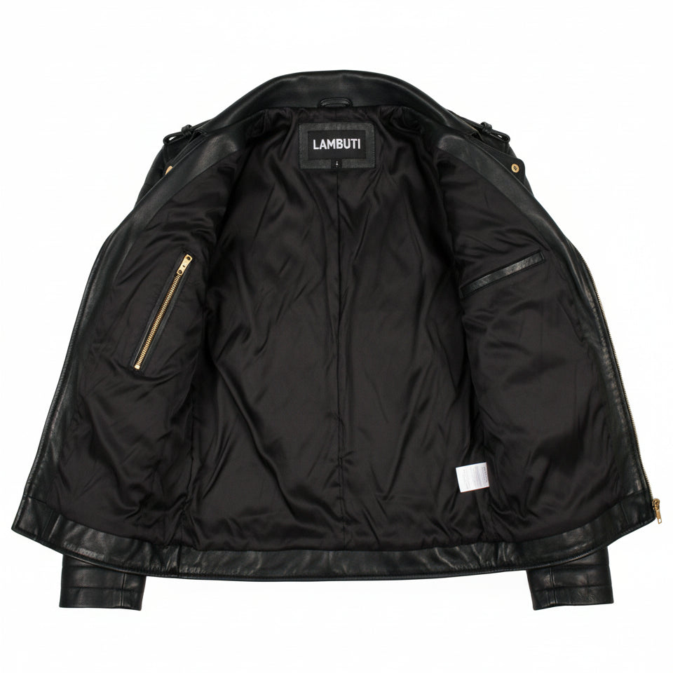 close-up-lining - Black Biker Leather Jacket For Mens, Mens Fashion Leather Jacket