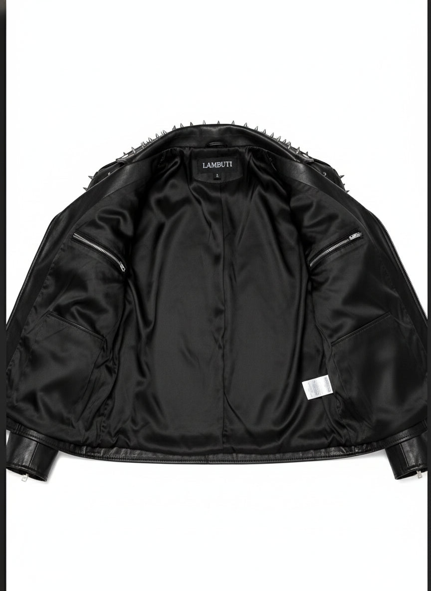 close-up-lining - Black Gothic Style Studded Leather Jacket for Men, Rock Punk Leather Jacket