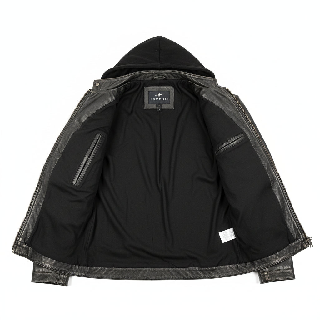 close-up-lining - Black Leather Jacket with Hoodie, Men Winter Fashion Leather Jacket