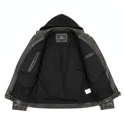 close-up-lining - Black Leather Jacket with Hoodie, Men Winter Fashion Leather Jacket