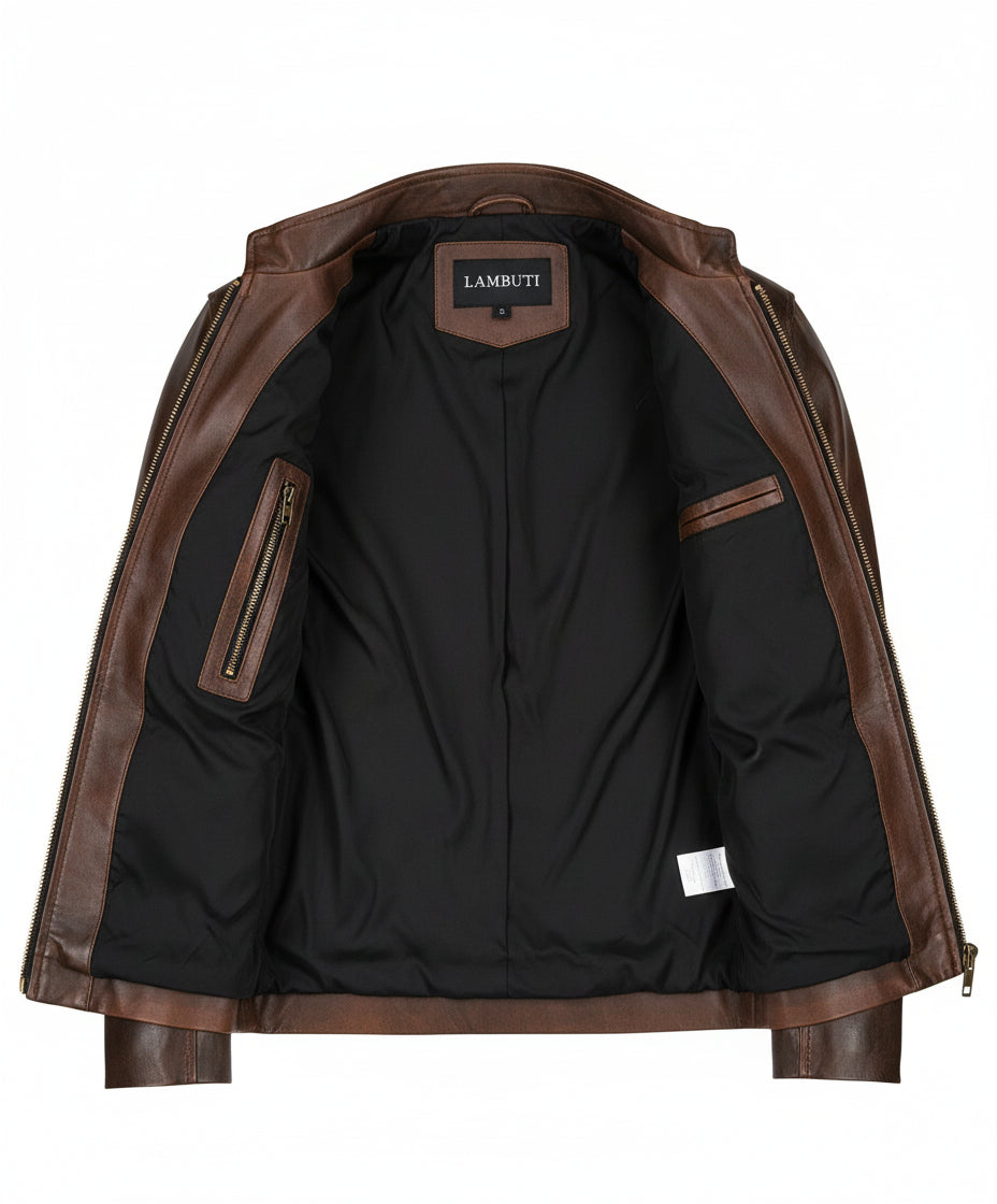 close-up-lining - Classic Men antique Brown leather bomber jacket, Men biker leather jacket