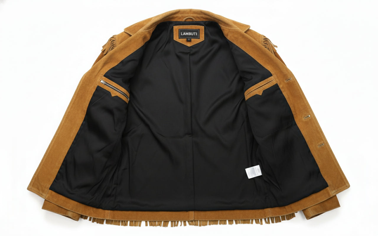 close-up-lining - Cowboy Suede Leather Jacket for Men, Tan Cowboy Fringe Jacket, Stylish Western Jacket for Men
