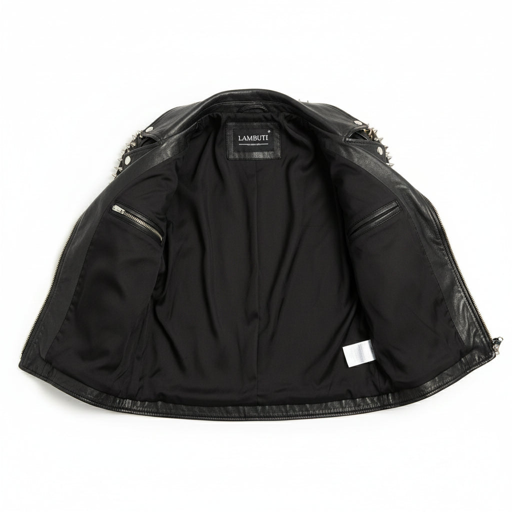 close-up-lining - Gothic Women Black Leather Fashion Studded Jacket, Rock Fashion Jacket