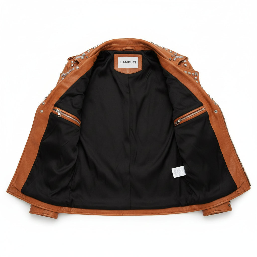 close-up-lining - Gothic Women Brown Leather Studded Jacket, Rock Style Fashion Jacket