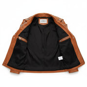 close-up-lining - Gothic Women Brown Leather Studded Jacket, Rock Style Fashion Jacket