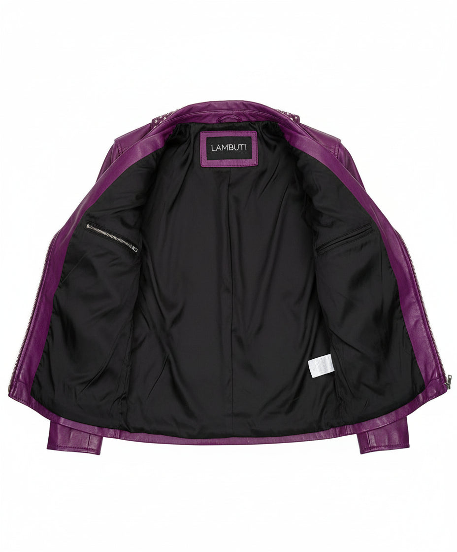 close-up-lining - Gothic Women Purple Leather Studded Biker Jacket, Women Biker Jacket