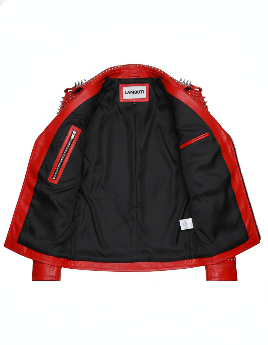 close-up-lining - Hand Studded Red spiked leather jacket for men, Rivet Punk studded jacket