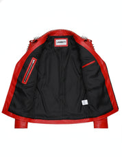close-up-lining - Hand Studded Red spiked leather jacket for men, Rivet Punk studded jacket