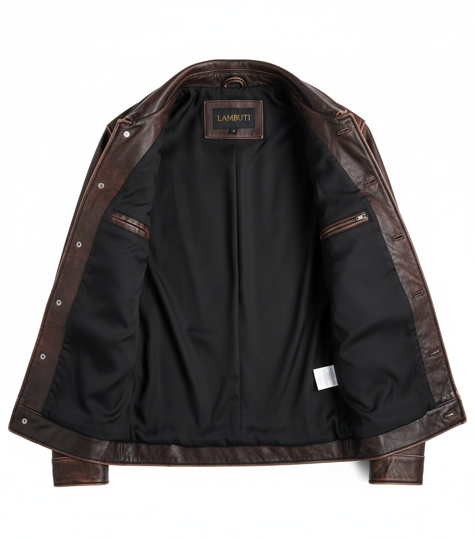 close-up-lining - Handmade Brown Vintage Slim Fit Trucker Racer Biker Mens Cow Leather Jacket