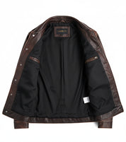 close-up-lining - Handmade Brown Vintage Slim Fit Trucker Racer Biker Mens Cow Leather Jacket